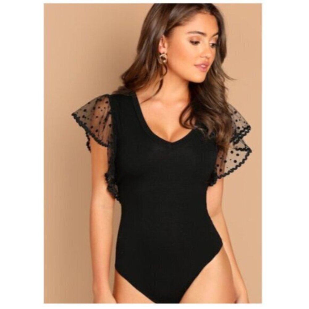 Dot Mesh Flutter Sleeve Bodysuit